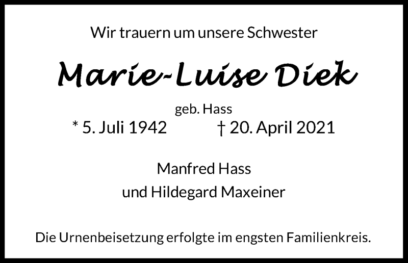  Traueranzeige für Marie-Luise Diek vom 05.05.2021 aus Kölner Stadt-Anzeiger / Kölnische Rundschau / Express