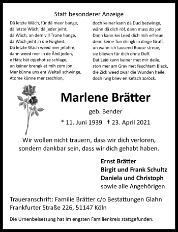 Anzeige von Marlene Brätter von  Kölner Wochenspiegel 