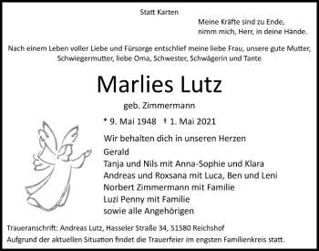 Anzeige von Marlies Lutz von  Anzeigen Echo  Lokalanzeiger 