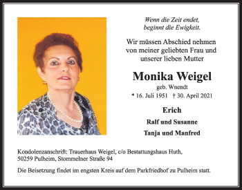 Anzeige von Monika Weigel von  Wochenende 
