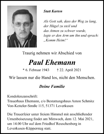 Anzeige von Paul Ehemann von Kölner Stadt-Anzeiger / Kölnische Rundschau / Express