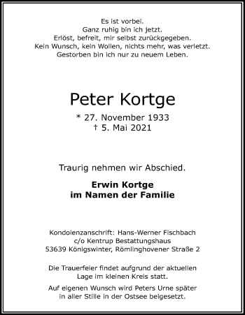 Anzeige von Peter Kortge von Kölner Stadt-Anzeiger / Kölnische Rundschau / Express