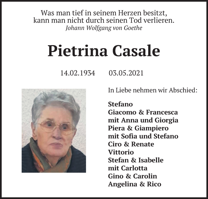  Traueranzeige für Pietrina Casale vom 06.05.2021 aus Kölner Stadt-Anzeiger / Kölnische Rundschau / Express