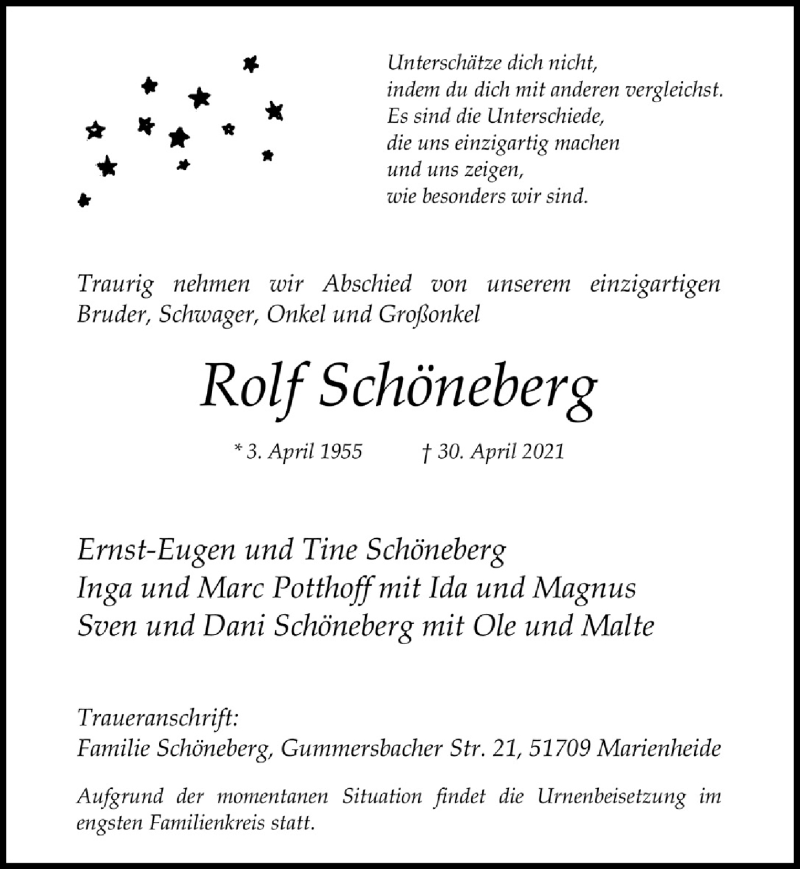  Traueranzeige für Rolf Schöneberg vom 07.05.2021 aus  Anzeigen Echo 