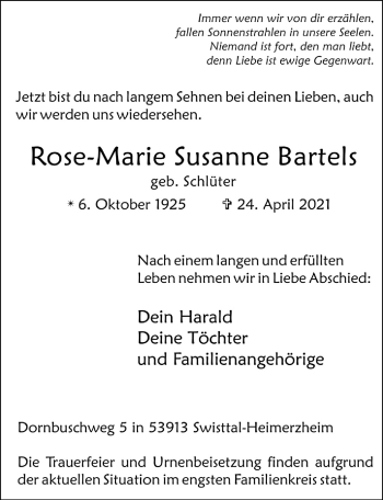 Anzeige von Rose-Marie Susanne Bartels von  Schaufenster/Blickpunkt 