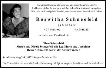 Anzeige von Roswitha Schneefeld von Kölner Stadt-Anzeiger / Kölnische Rundschau / Express