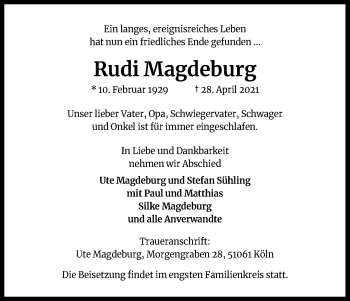 Anzeige von Rudi Magdeburg von Kölner Stadt-Anzeiger / Kölnische Rundschau / Express