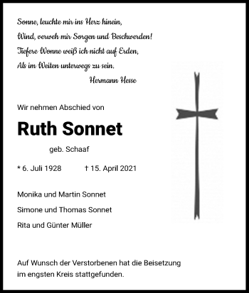 Anzeige von Ruth Sonnet von Kölner Stadt-Anzeiger / Kölnische Rundschau / Express