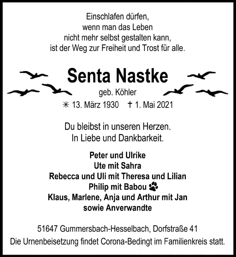  Traueranzeige für Senta Nastke vom 07.05.2021 aus  Anzeigen Echo 