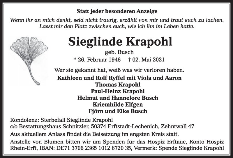  Traueranzeige für Sieglinde Krapohl vom 07.05.2021 aus  Werbepost 