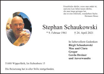 Anzeige von Stephan Schaukowski von Kölner Stadt-Anzeiger / Kölnische Rundschau / Express