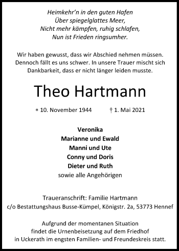Anzeige von Theo Hartmann von Kölner Stadt-Anzeiger / Kölnische Rundschau / Express