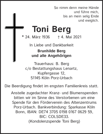 Anzeige von Toni Berg von  Kölner Wochenspiegel 