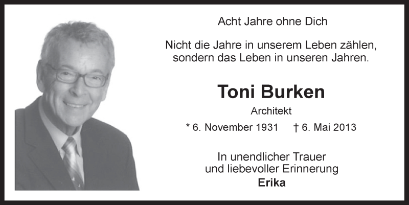  Traueranzeige für Toni Burken vom 07.05.2021 aus  Kölner Wochenspiegel 