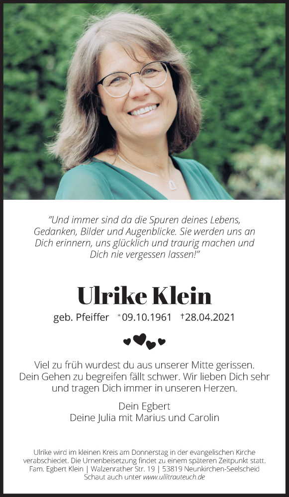  Traueranzeige für Ulrike Klein vom 04.05.2021 aus Kölner Stadt-Anzeiger / Kölnische Rundschau / Express