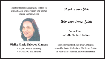 Anzeige von Ulrike Maria Krieger Klausen Klausen von Kölner Stadt-Anzeiger / Kölnische Rundschau / Express