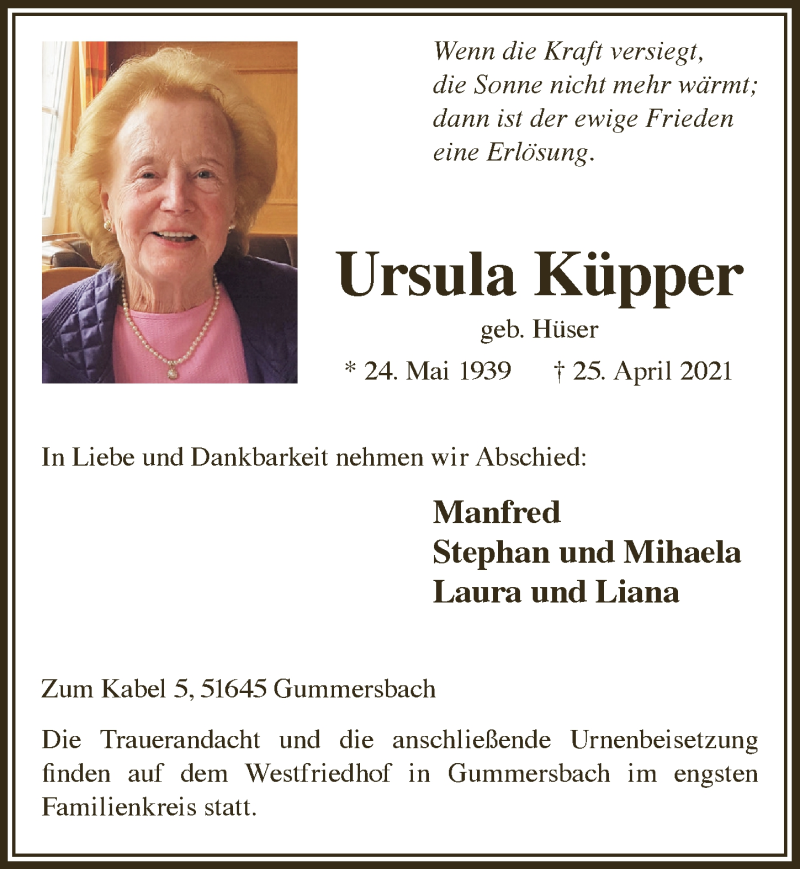  Traueranzeige für Ursula Küpper vom 07.05.2021 aus  Anzeigen Echo 