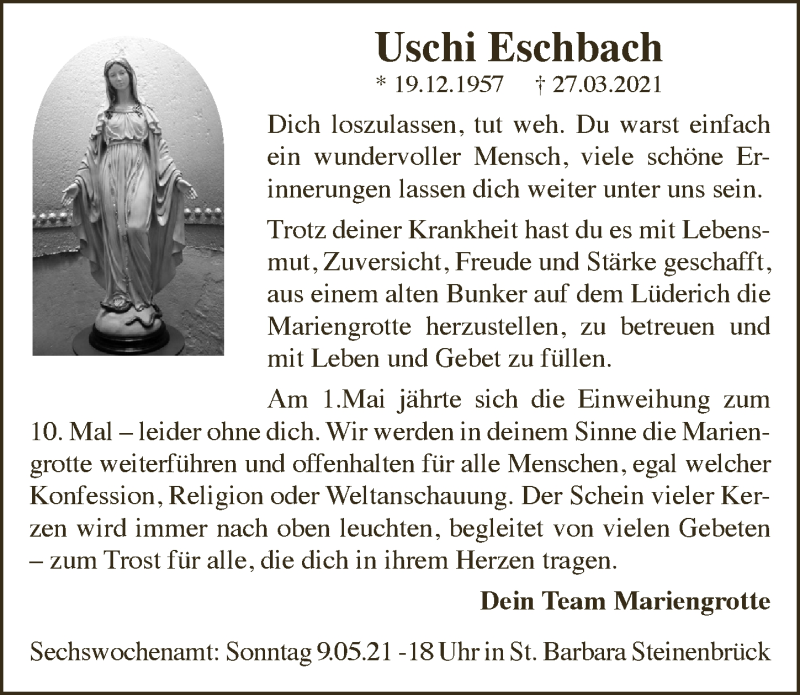  Traueranzeige für Uschi Eschbach vom 07.05.2021 aus  Bergisches Handelsblatt 