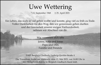Anzeige von Uwe Wettering von  Bergisches Handelsblatt 