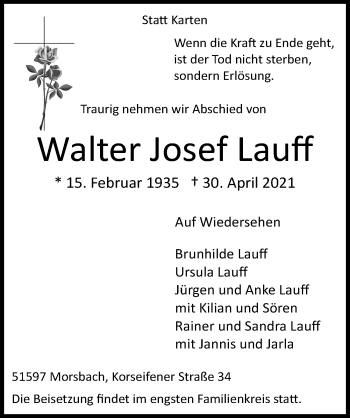 Anzeige von Walter Josef Lauff von  Lokalanzeiger 