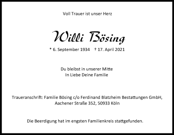 Anzeige von Willi Bösing von Kölner Stadt-Anzeiger / Kölnische Rundschau / Express