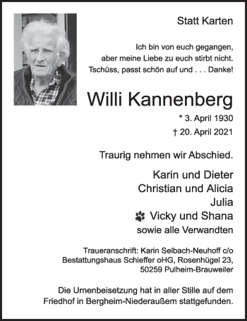 Anzeige von Willi Kannenberg von  Werbepost 