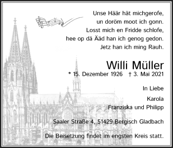 Anzeige von Willi Müller von Kölner Stadt-Anzeiger / Kölnische Rundschau / Express