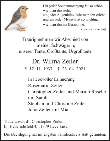 Anzeige von Wilma Zeiler von Kölner Stadt-Anzeiger / Kölnische Rundschau / Express