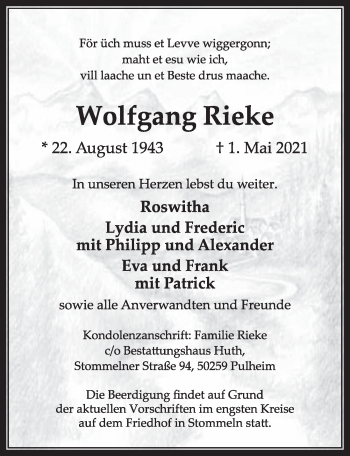Anzeige von Wolfgang Rieke von  Wochenende 