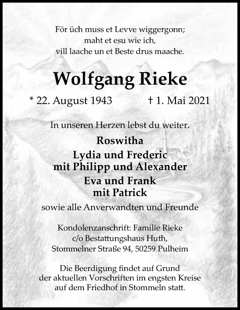  Traueranzeige für Wolfgang Rieke vom 08.05.2021 aus Kölner Stadt-Anzeiger / Kölnische Rundschau / Express