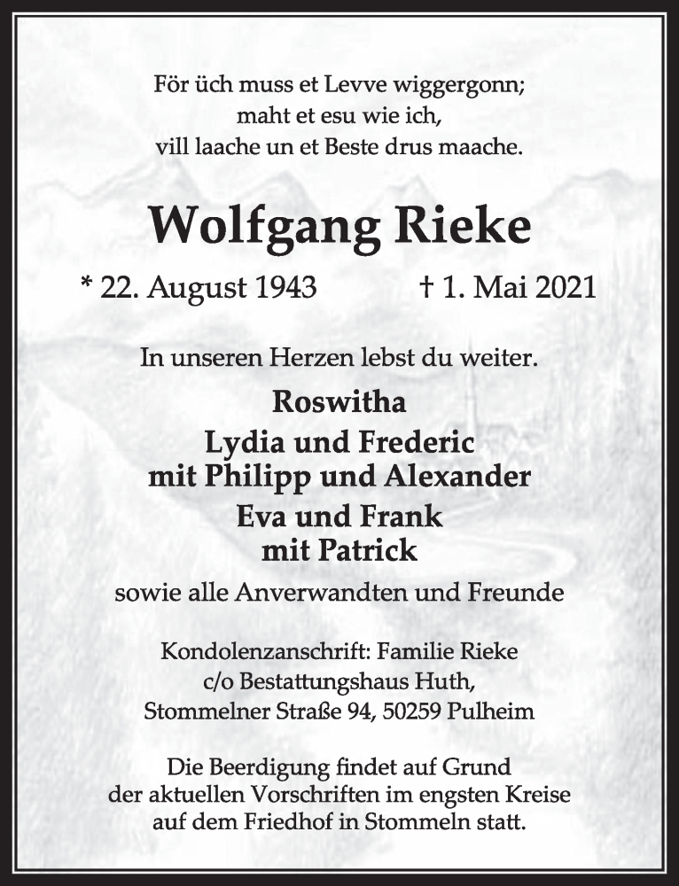  Traueranzeige für Wolfgang Rieke vom 07.05.2021 aus  Wochenende 