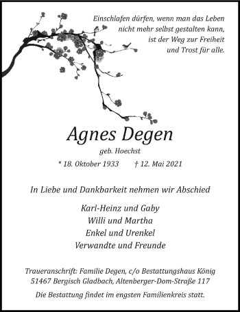 Anzeige von Agnes Degen von  Bergisches Handelsblatt 