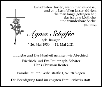 Anzeige von Agnes Schäfer von Kölner Stadt-Anzeiger / Kölnische Rundschau / Express