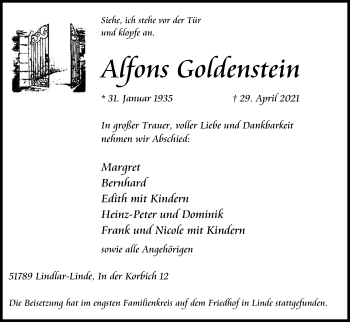 Anzeige von Alfons Goldenstein von Kölner Stadt-Anzeiger / Kölnische Rundschau / Express