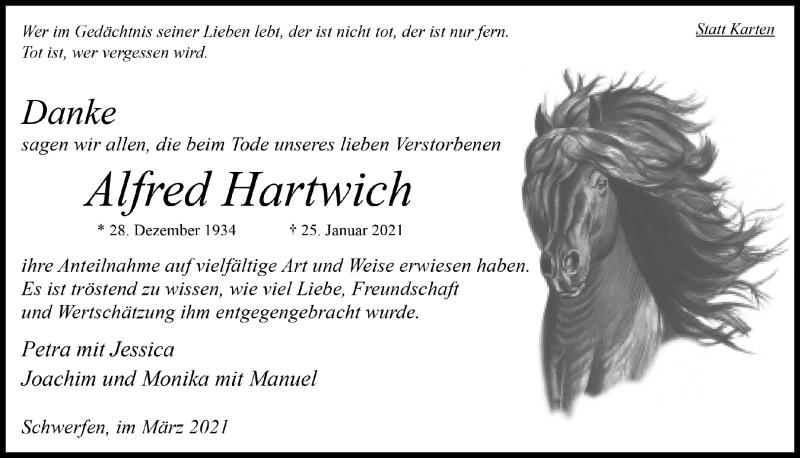  Traueranzeige für Alfred Hartwich vom 20.03.2021 aus  Blickpunkt Euskirchen 