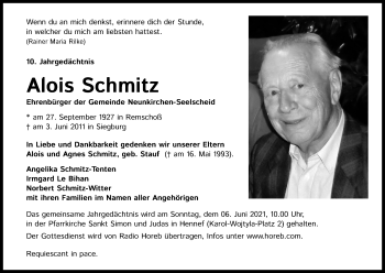 Anzeige von Alois Schmitz von Kölner Stadt-Anzeiger / Kölnische Rundschau / Express