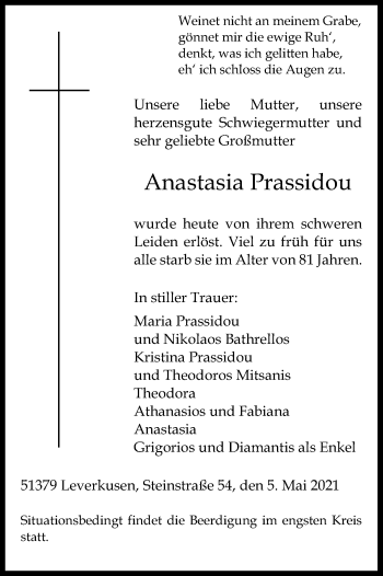 Anzeige von Anastasia Prassidou von Kölner Stadt-Anzeiger / Kölnische Rundschau / Express