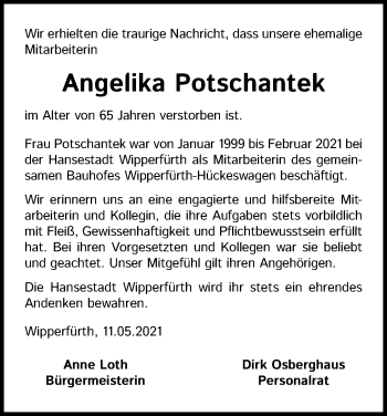 Anzeige von Angelika Potschantek von Kölner Stadt-Anzeiger / Kölnische Rundschau / Express