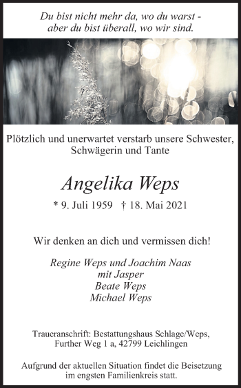 Anzeige von Angelika Weps von Kölner Stadt-Anzeiger / Kölnische Rundschau / Express