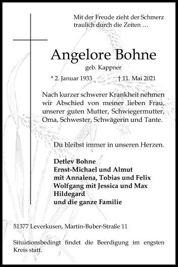 Anzeige von Angelore Bohne von Kölner Stadt-Anzeiger / Kölnische Rundschau / Express