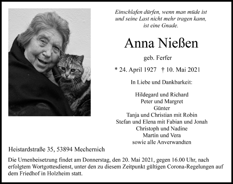 Traueranzeige für Anna Nießen vom 15.05.2021 aus  Blickpunkt Euskirchen 
