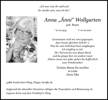 Anzeige von Anna Wollgarten von Kölner Stadt-Anzeiger / Kölnische Rundschau / Express