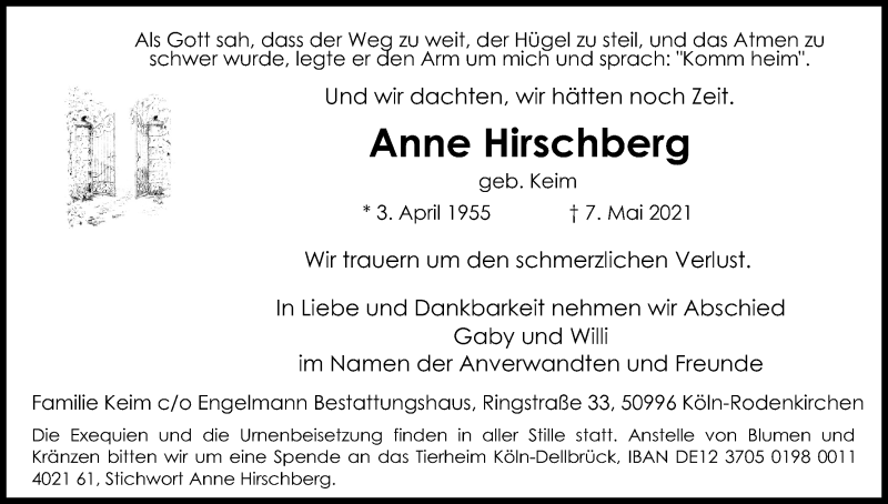  Traueranzeige für Anne Hirschberg vom 29.05.2021 aus Kölner Stadt-Anzeiger / Kölnische Rundschau / Express