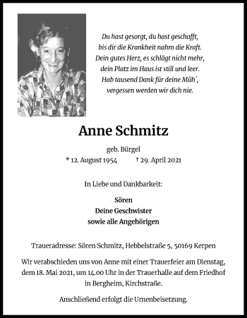 Anzeige von Anne Schmitz von Kölner Stadt-Anzeiger / Kölnische Rundschau / Express