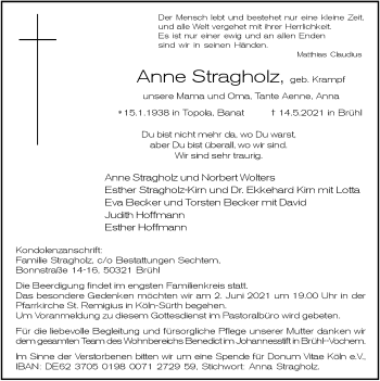Anzeige von Anne Stragholz von  Kölner Wochenspiegel 