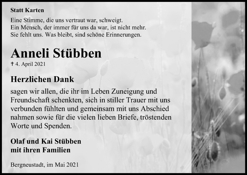  Traueranzeige für Anneli Stübben vom 22.05.2021 aus Kölner Stadt-Anzeiger / Kölnische Rundschau / Express