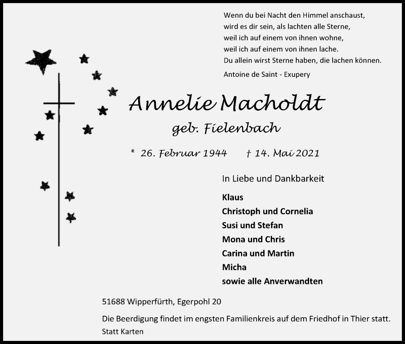  Traueranzeige für Annelie Macholdt vom 22.05.2021 aus Kölner Stadt-Anzeiger / Kölnische Rundschau / Express