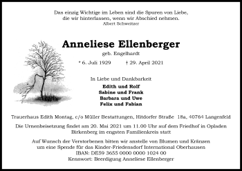 Anzeige von Anneliese Ellenberger von Kölner Stadt-Anzeiger / Kölnische Rundschau / Express