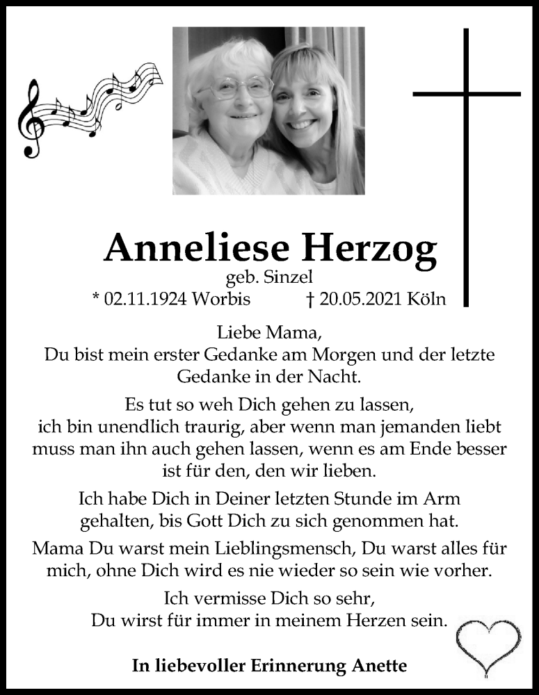  Traueranzeige für Anneliese Herzog vom 29.05.2021 aus Kölner Stadt-Anzeiger / Kölnische Rundschau / Express