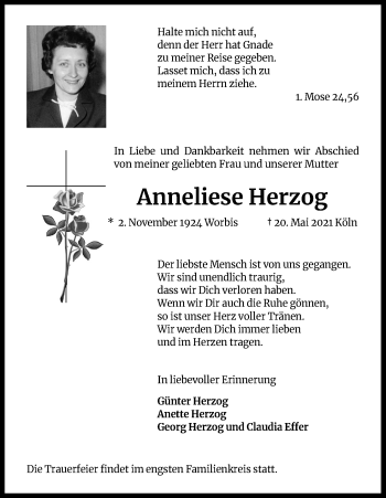 Anzeige von Anneliese Herzog von Kölner Stadt-Anzeiger / Kölnische Rundschau / Express